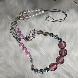 Artistic purple pink blue speckled metal transparent bead necklace